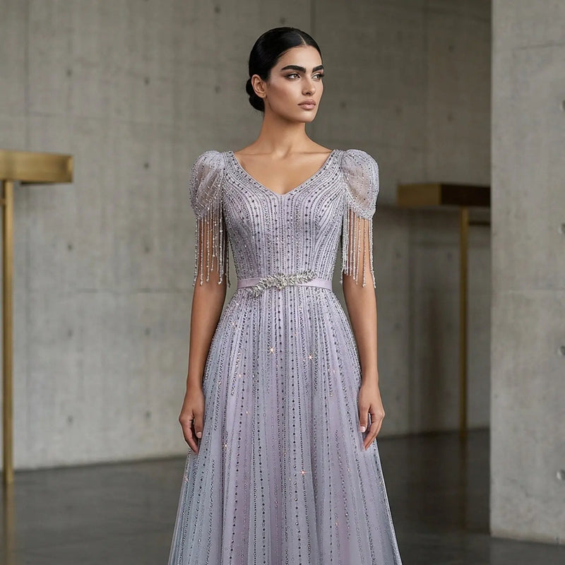 Vintage Lavender Beaded Crystal V-Neck Fringe Sleeve Evening Dress SS199 