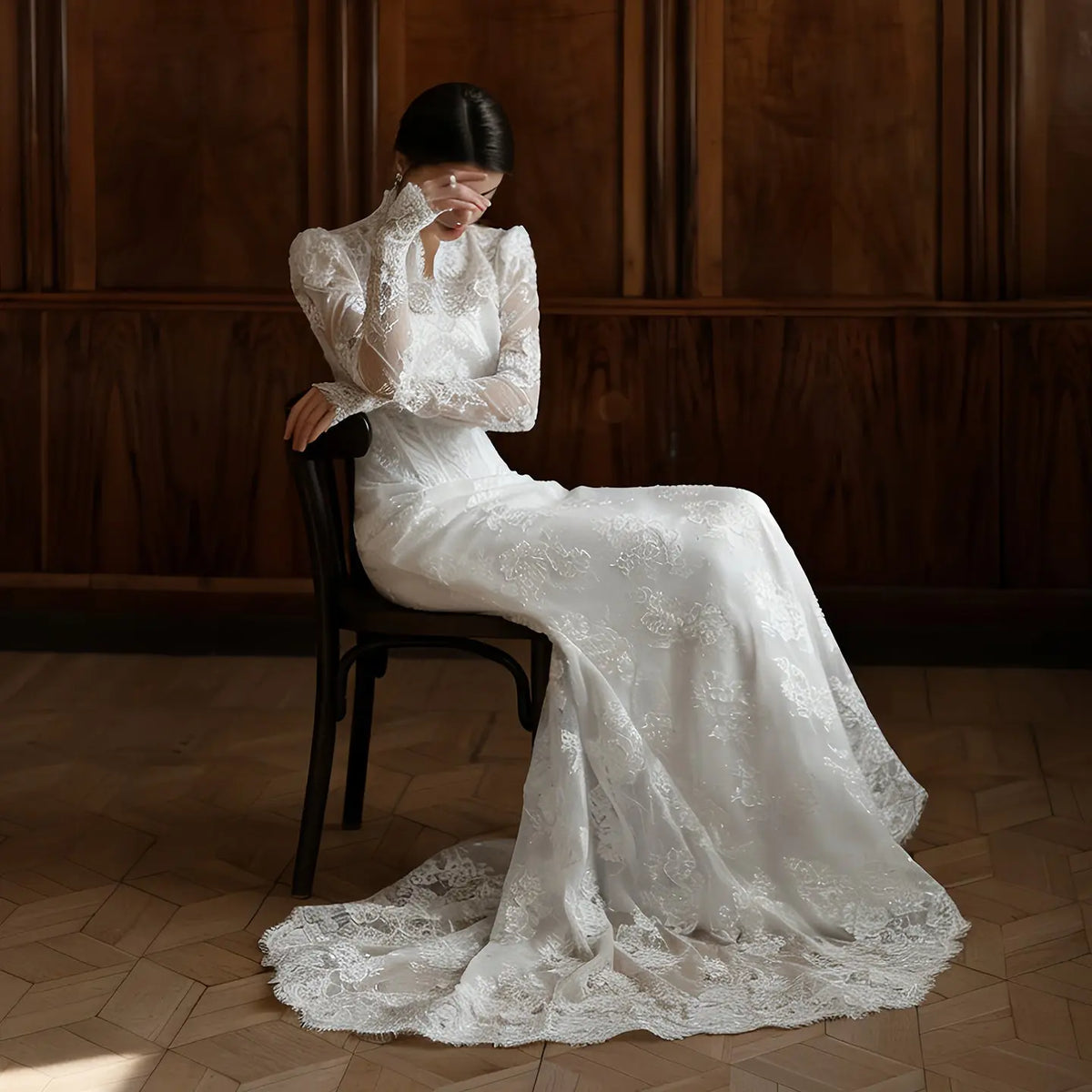 Elegant Lace High Neck Long Sleeve A-Line Wedding Dress SW279 