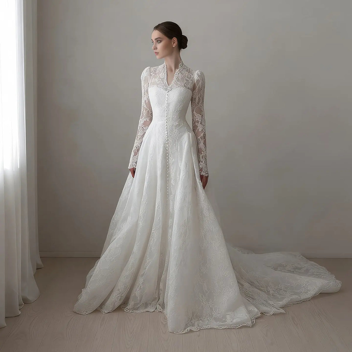 Vintage Lace High Neck Long Sleeve A-Line Wedding Dress with Train SW272 
