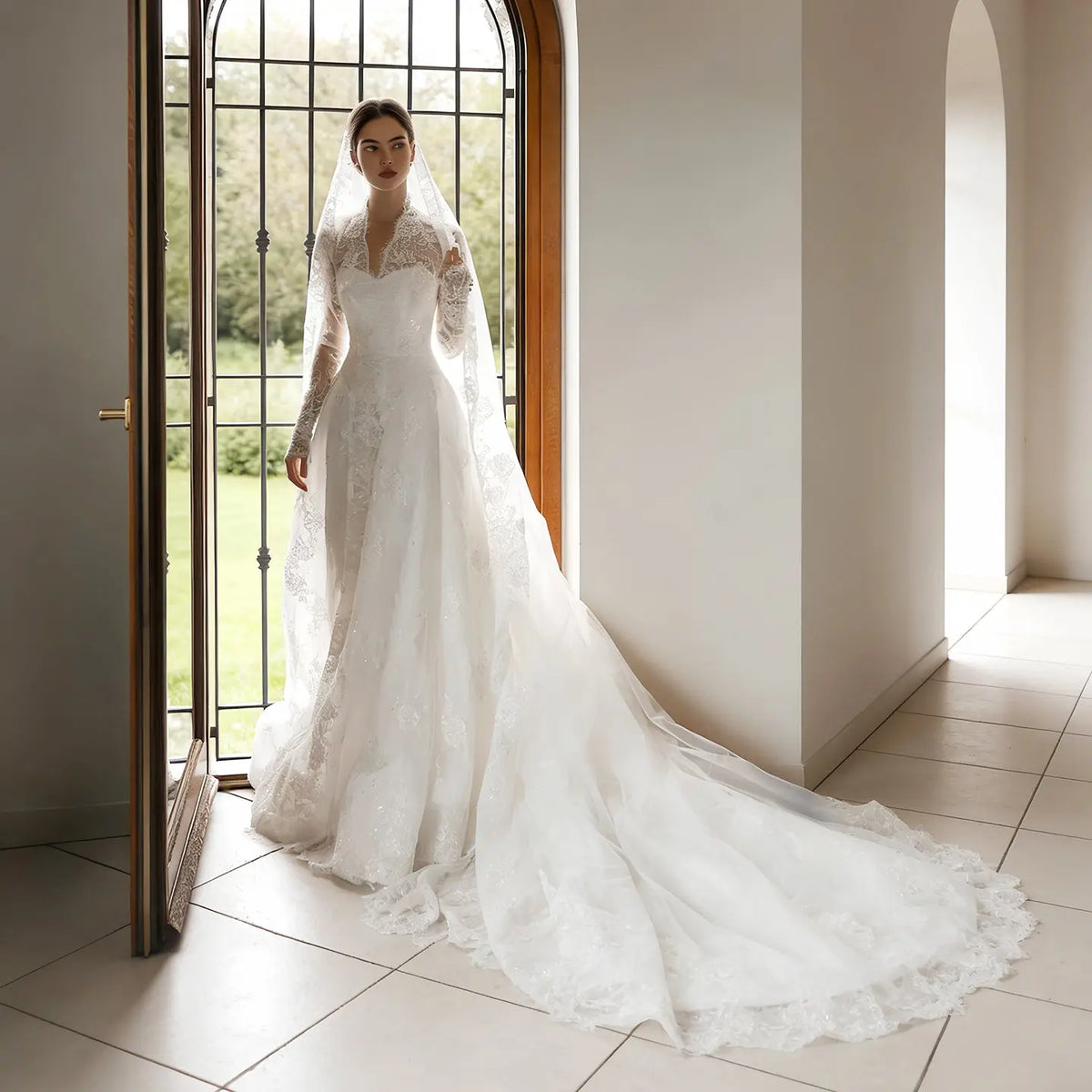 Timeless White Lace V-Neck Long Sleeve Wedding Dress with Cathedral Ve – SHARONSAID