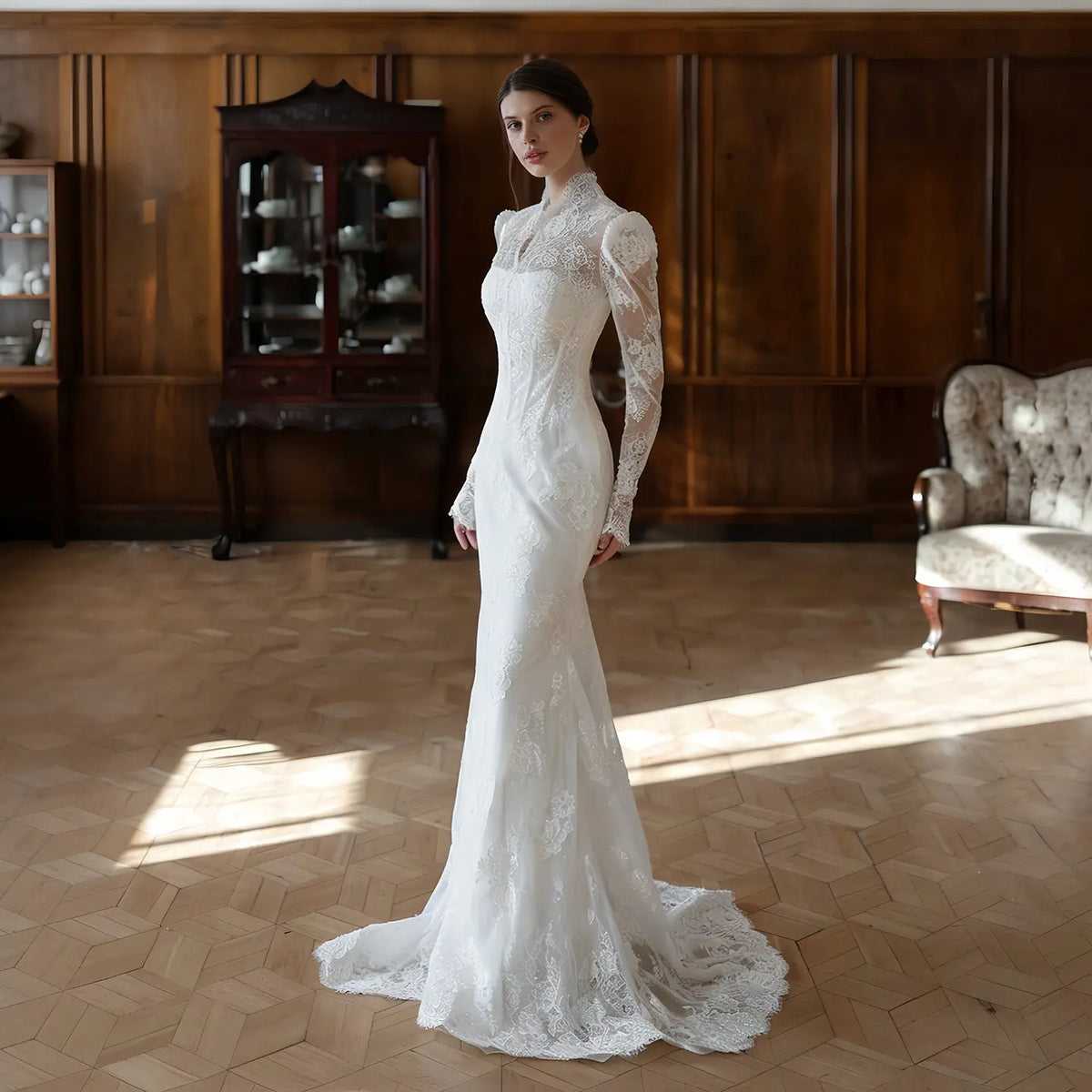 Elegant Lace High Neck Long Sleeve A-Line Wedding Dress SW279 