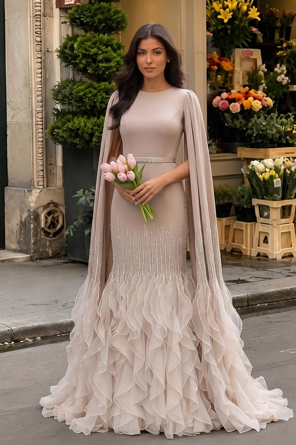Luxury Nude Ruffles Evening Dress with Cape Sleeves SS440