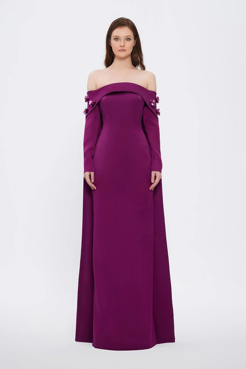 Elegant Purple 3D Flower Off Shoulder Evening Dress SF066