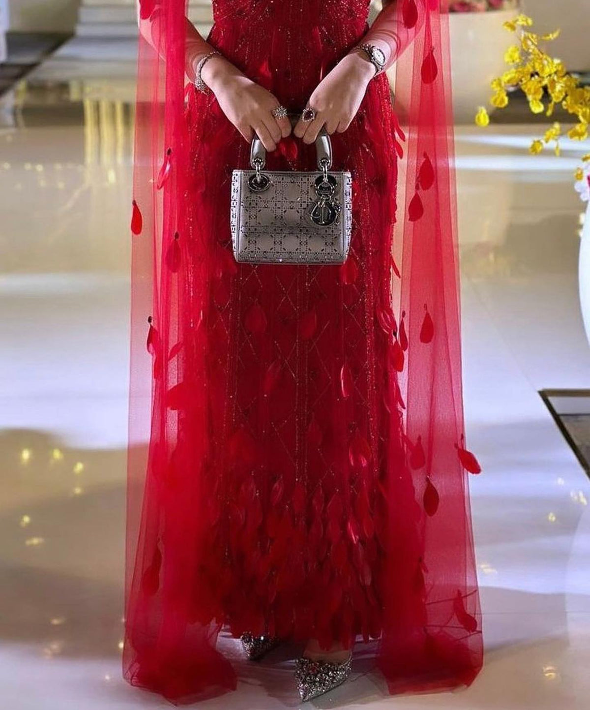 Luxury Wine Red Beaded Feathers Evening Dress with Cape Sleeves SS283 