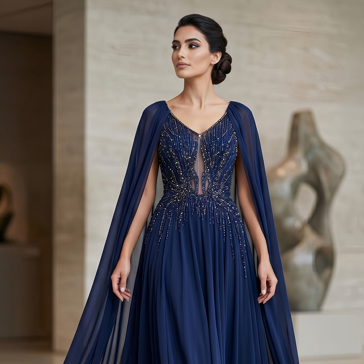 Luxury Purple V-Neck Beaded Chiffon Evening Dress with Cape Sleeves SS053 