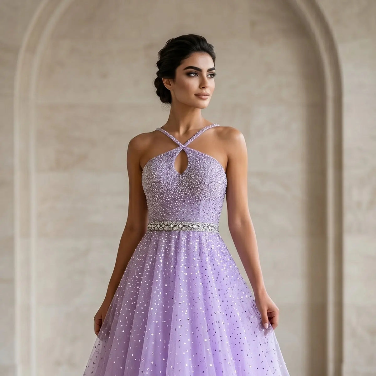 Luxury Dusty Pink Beaded Halter Neck A-Line Evening Dress SS580