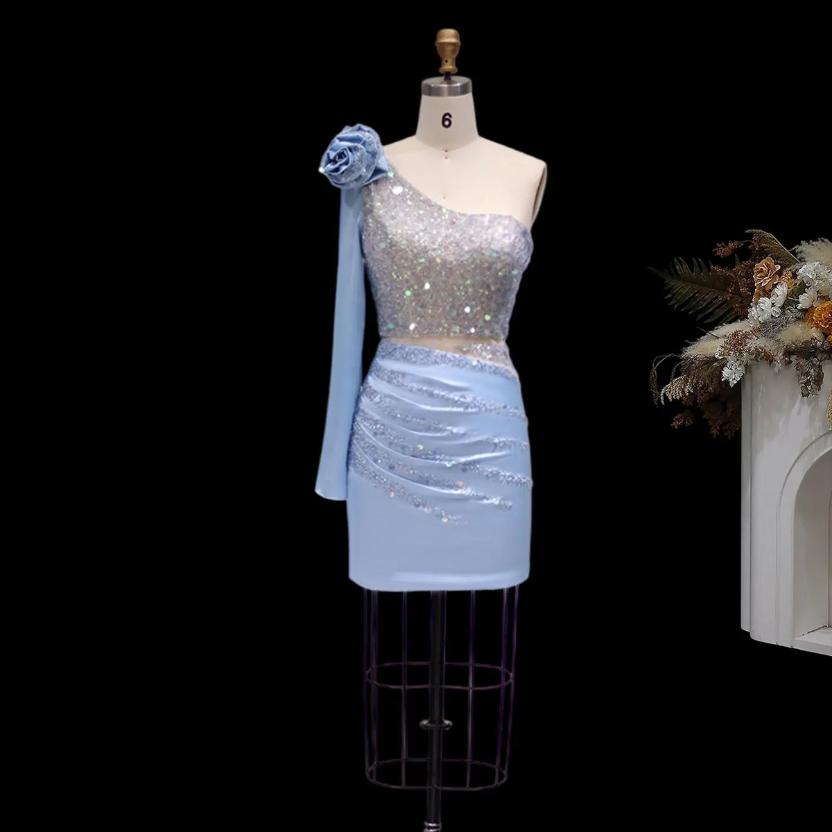 Blue Sequin 3D Flower Short Cocktail Dress RM006