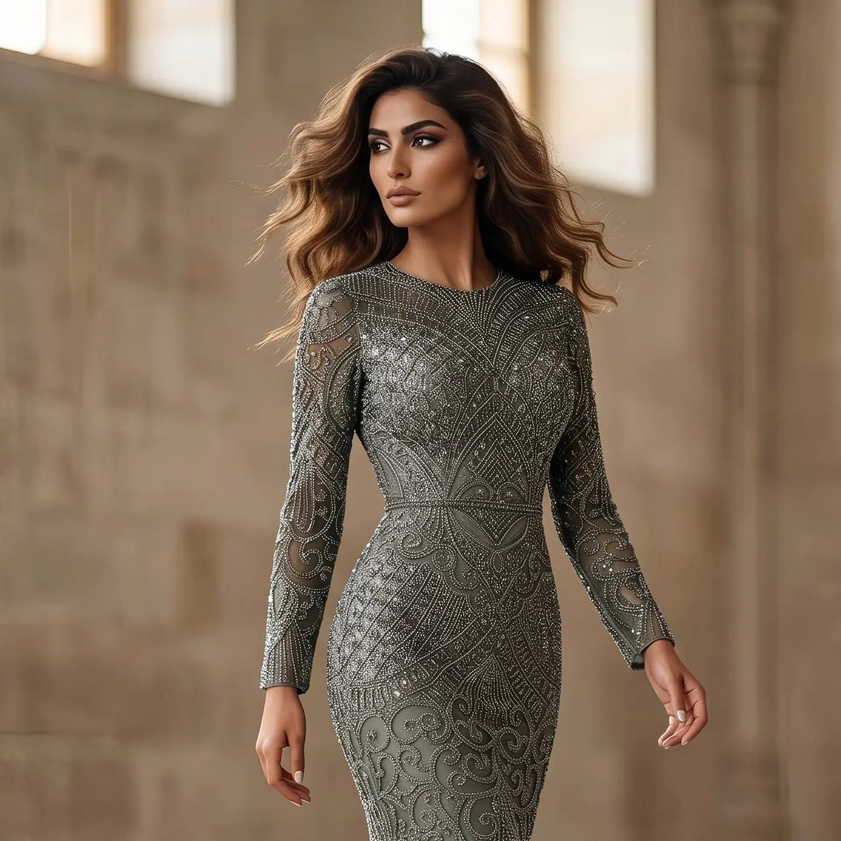 Regal Dark Green Long Sleeve Beaded Mermaid Evening Dress SS056 