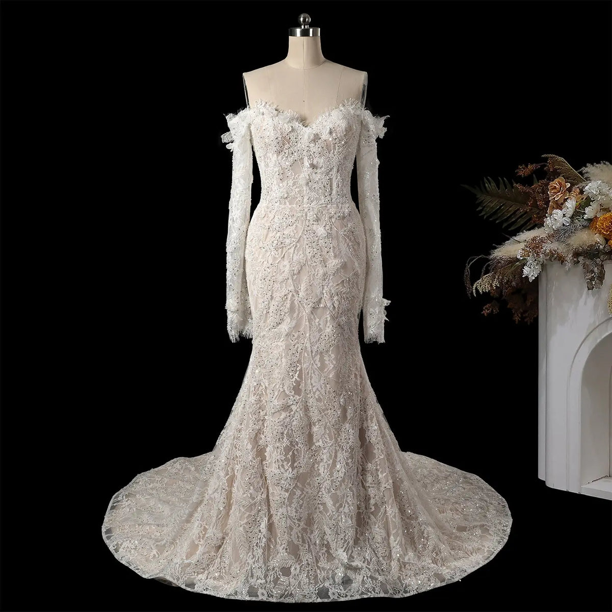 Ivory Off Shoulder Lace Mermaid Wedding Dress SW176