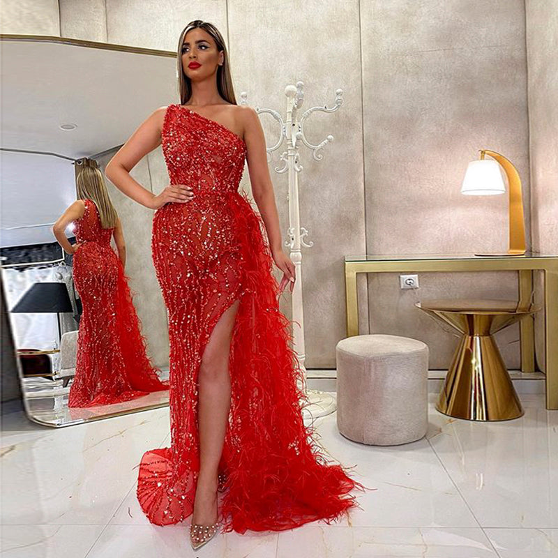 For Sale Luxury Feather One Shoulder Wine Red Mermaid Prom Evening Dress SS354