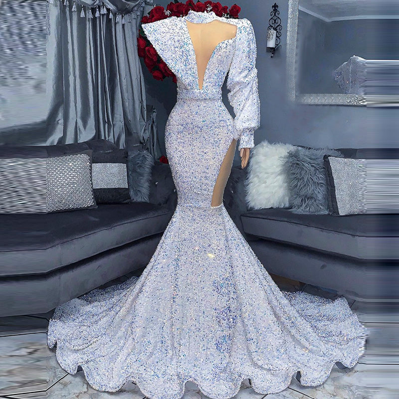 Luxury Beaded Mermaid Blue Prom Dress Long Train RM008