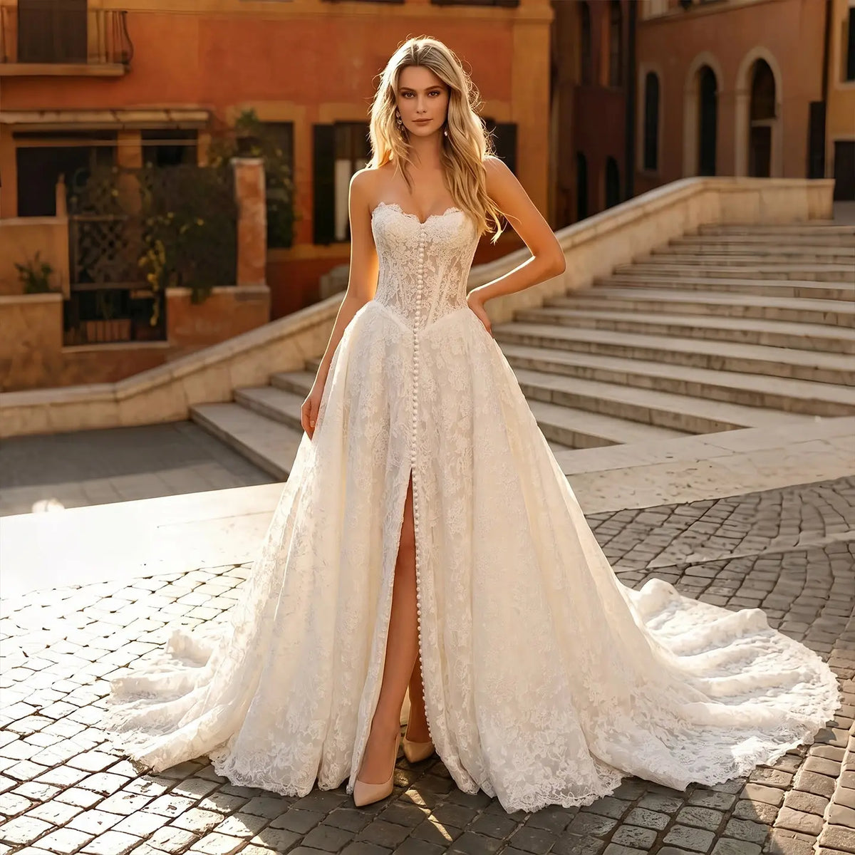 White Lace Strapless Sweetheart Bridal Ball Gown SW742
