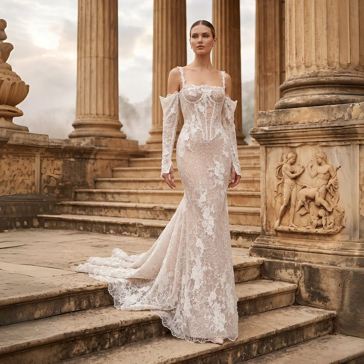 White Lace Cold Shoulder Wedding Dress SW750