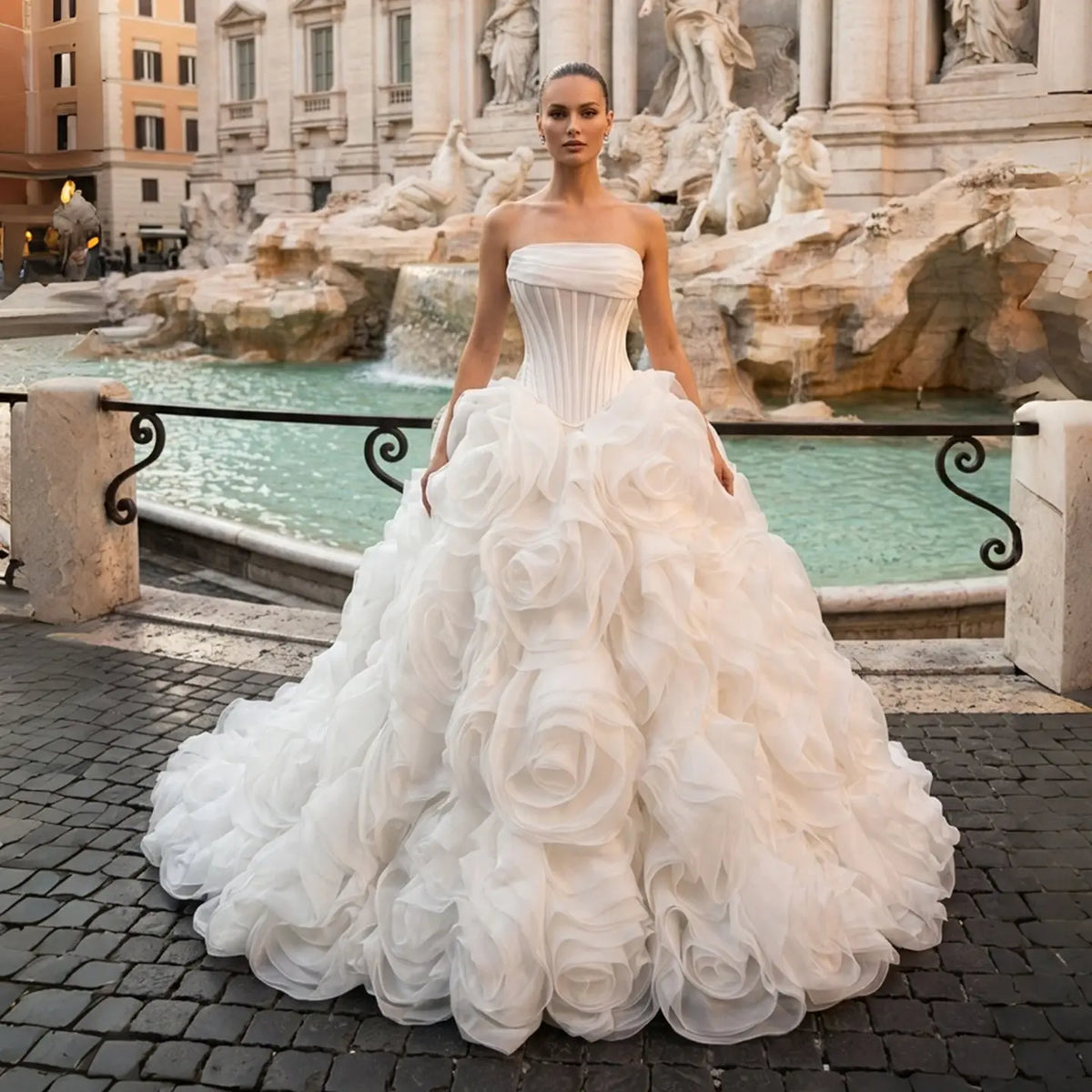 White Corset Rose Ruffle Ball Gown Dress SW751
