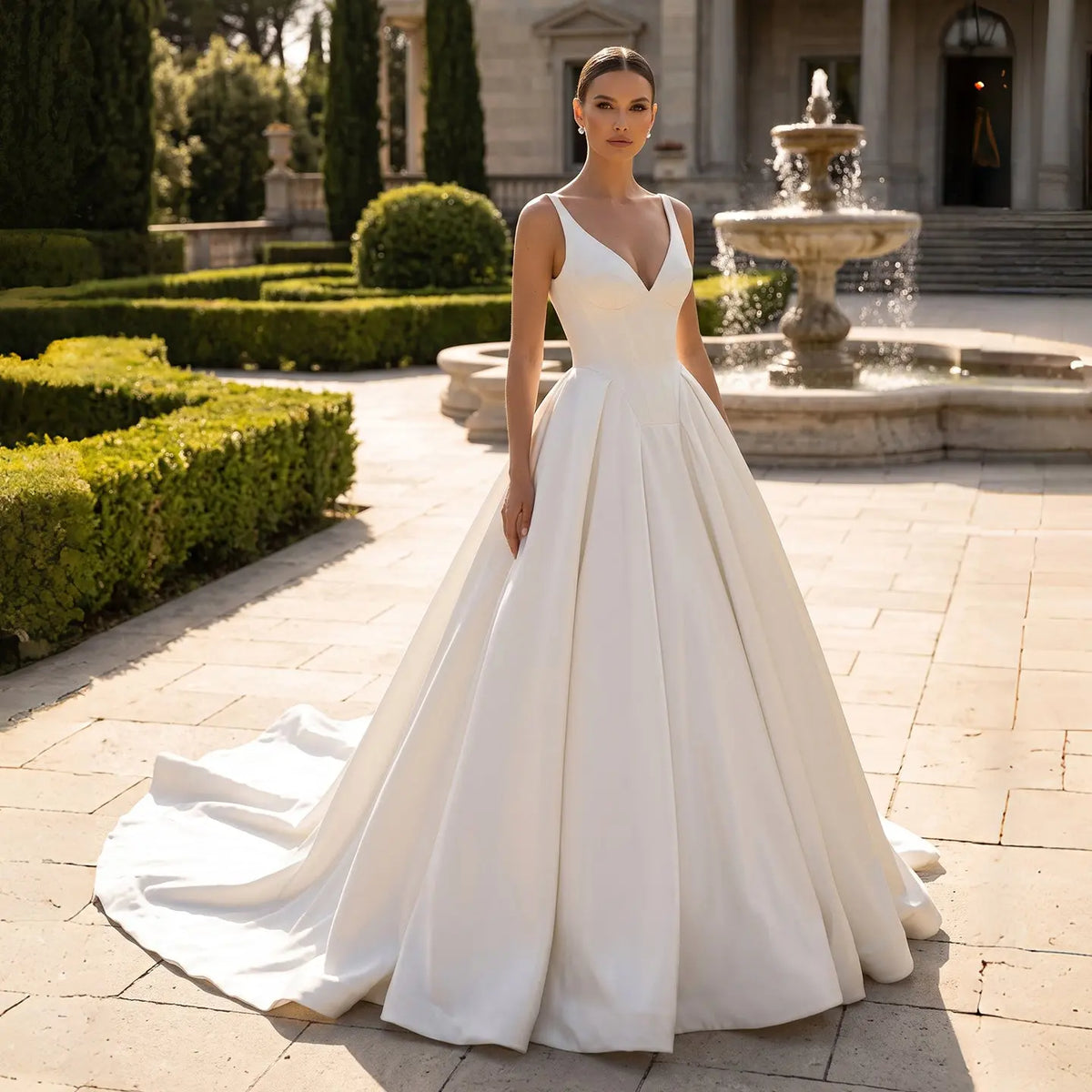 White Satin V Neck Ball Gown Wedding Dress SW749