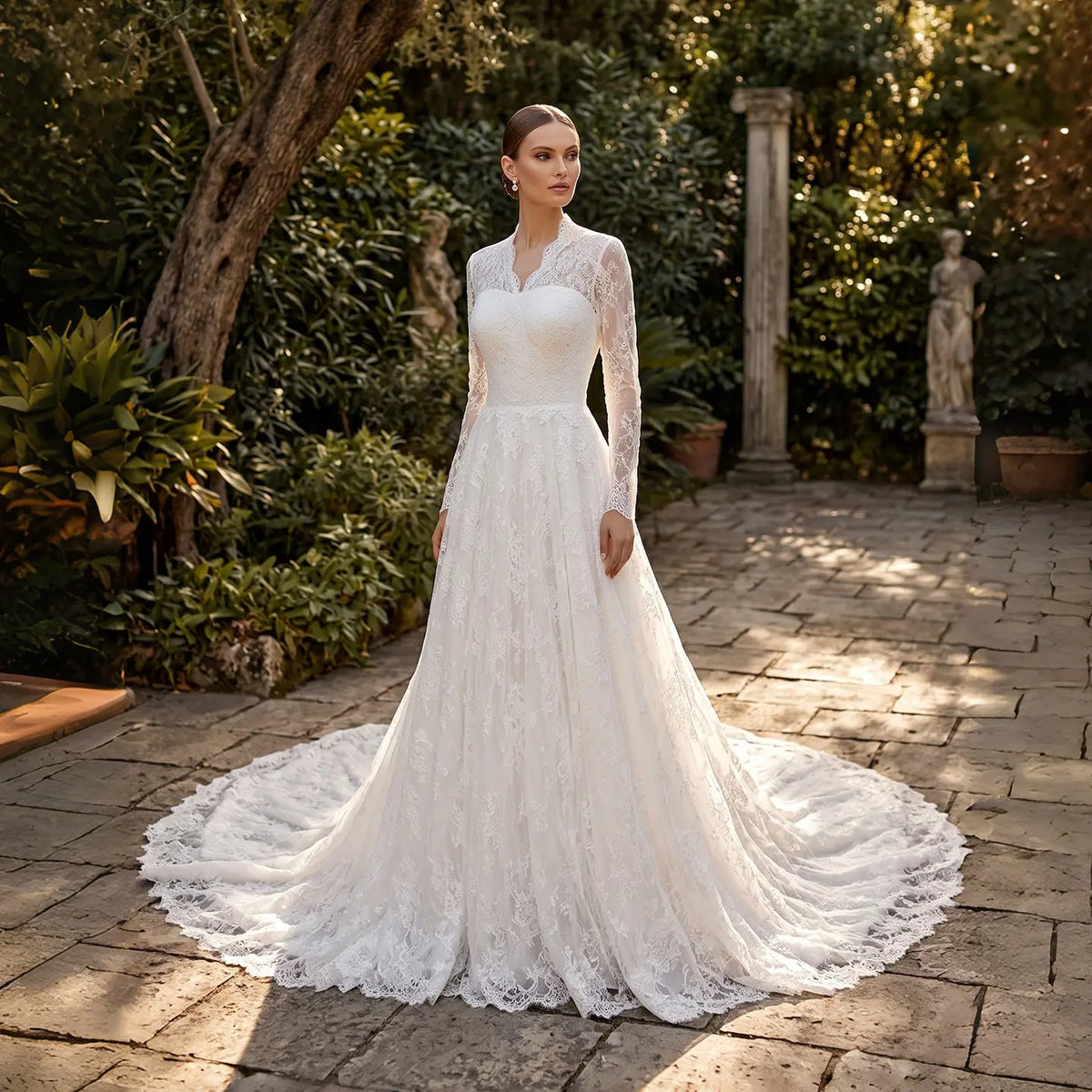 White Long Sleeve Lace A Line Wedding Dress SW747