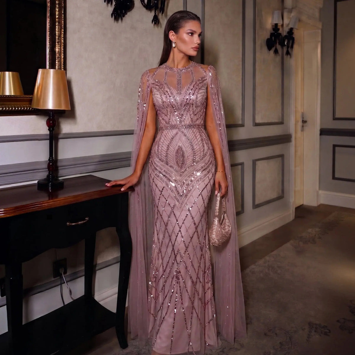 Pink Beaded Cape Sleeve Evening Dress SS126