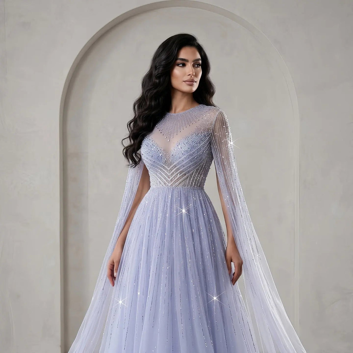Glamorous Pink Illusion Neck Beaded Chiffon Evening Dress with Cape Sleeves SS054 