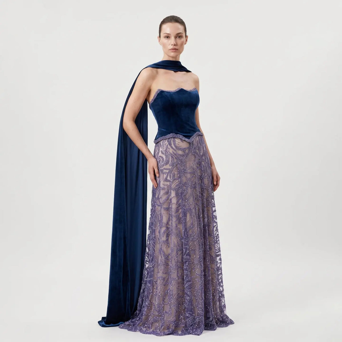Luxury Beaded Blue Velvet Evening Dress with Scarf  SS793