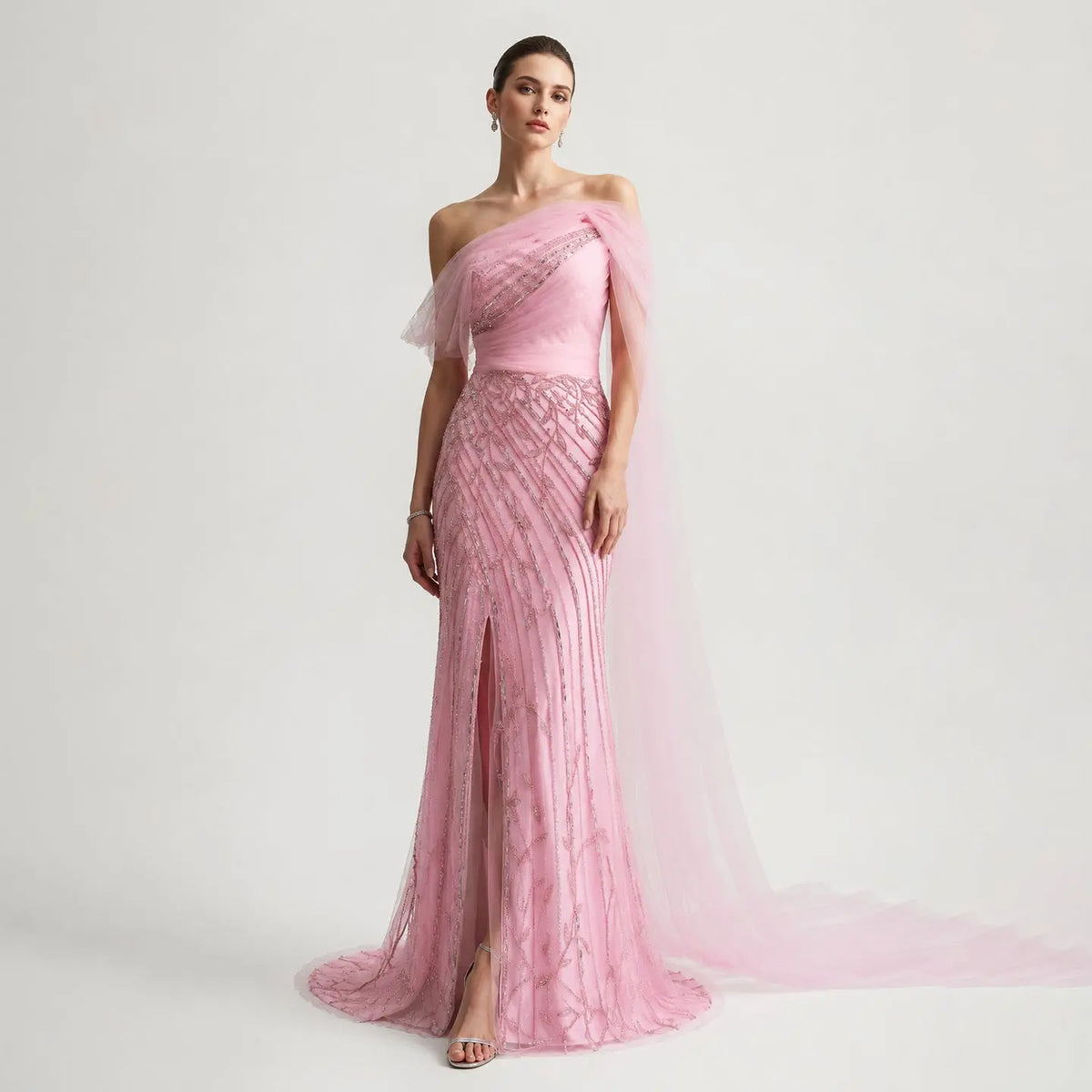 Chic Off Shoulder Pink Evening Dress with Cape Sleeves High Slit SS466