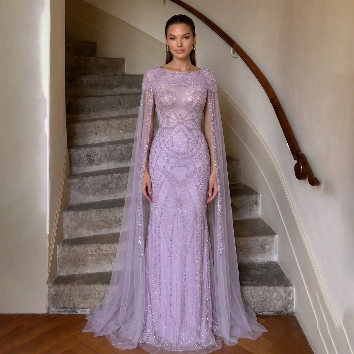 Glamorous Lilac Beaded Tulle Evening Dress with Cape Sleeve SS019