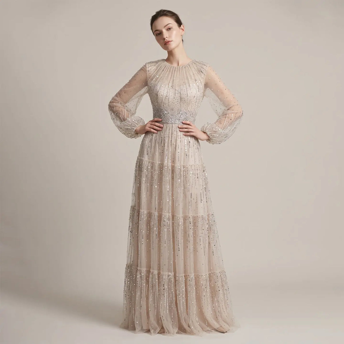 Beige Ruffles Beaded Long Sleeve Evening Dress SS514