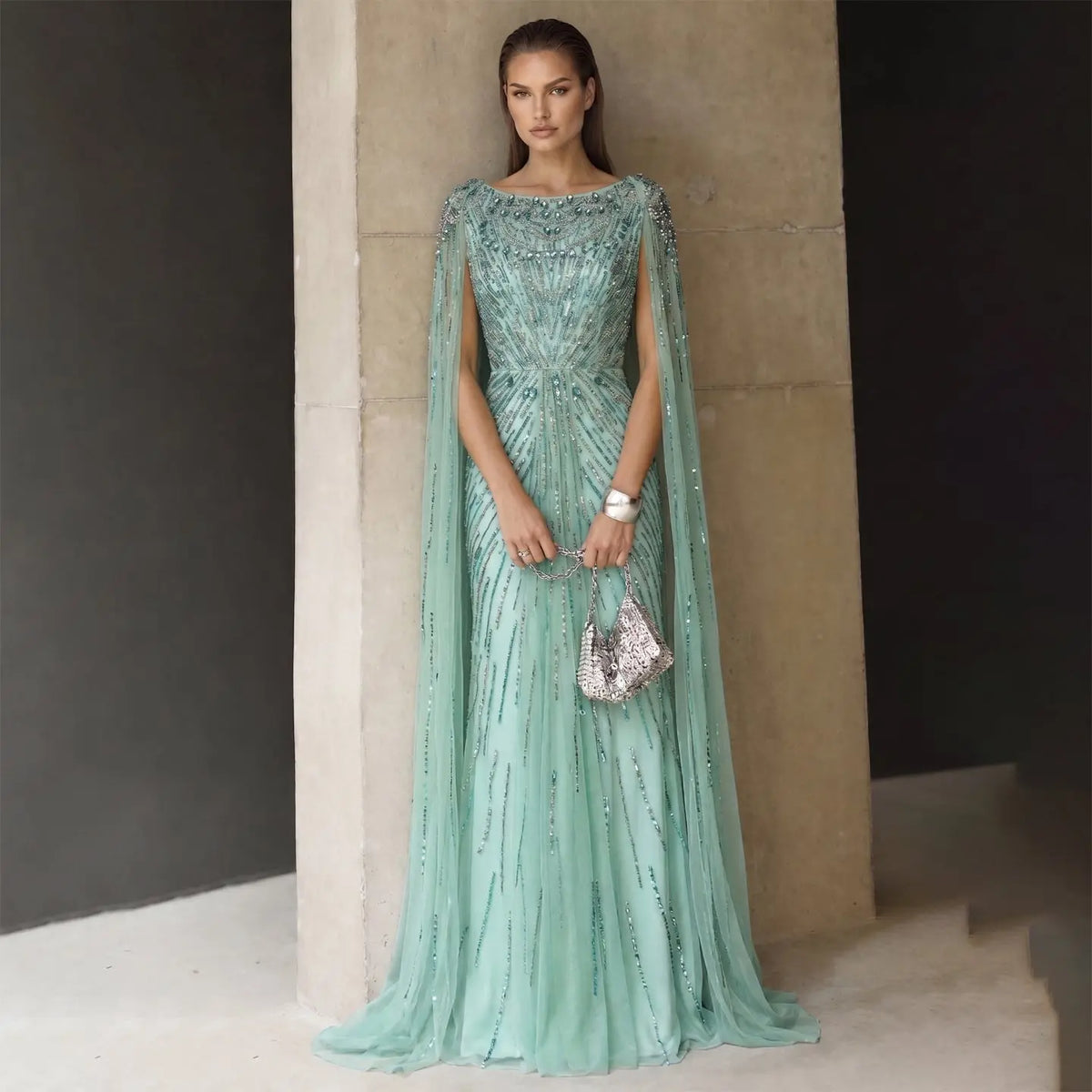 Luxury Crystal Lilac Evening Dress with Cape Sleeves SS549