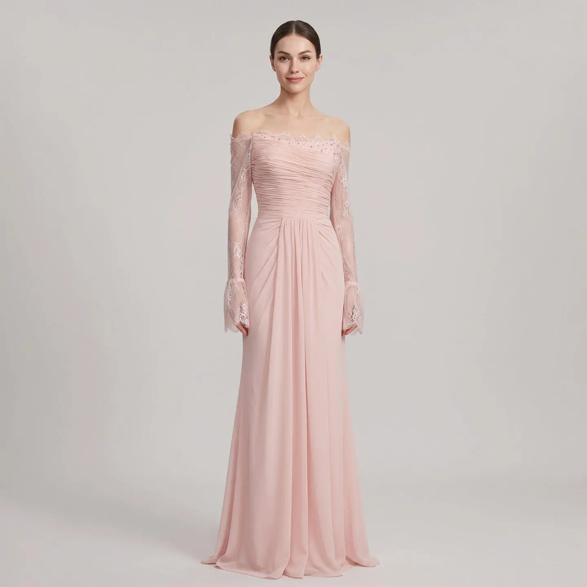 Pink Off Shoulder Lace Sleeve Evening Dress SF397