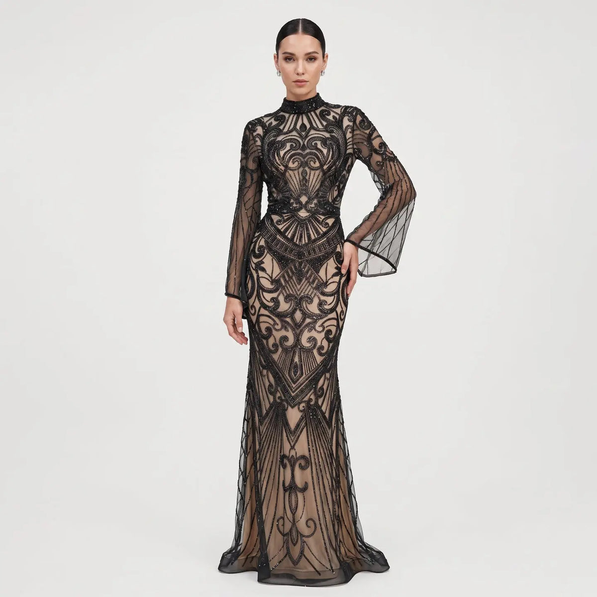 Glamorous Black High Neck Beaded Mermaid Evening Dress SS055