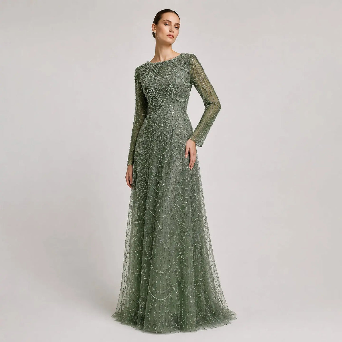 Green Sequin Beaded Long Sleeve Evening Dress SS625