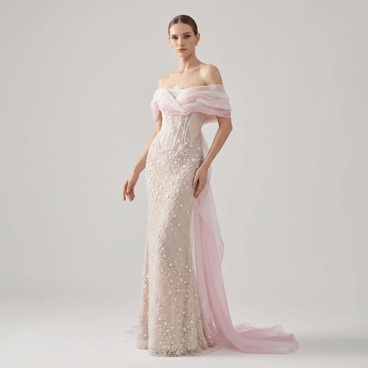 Glamorous Blush Pink Off-the-Shoulder Draped Sequin Evening Dress SS519