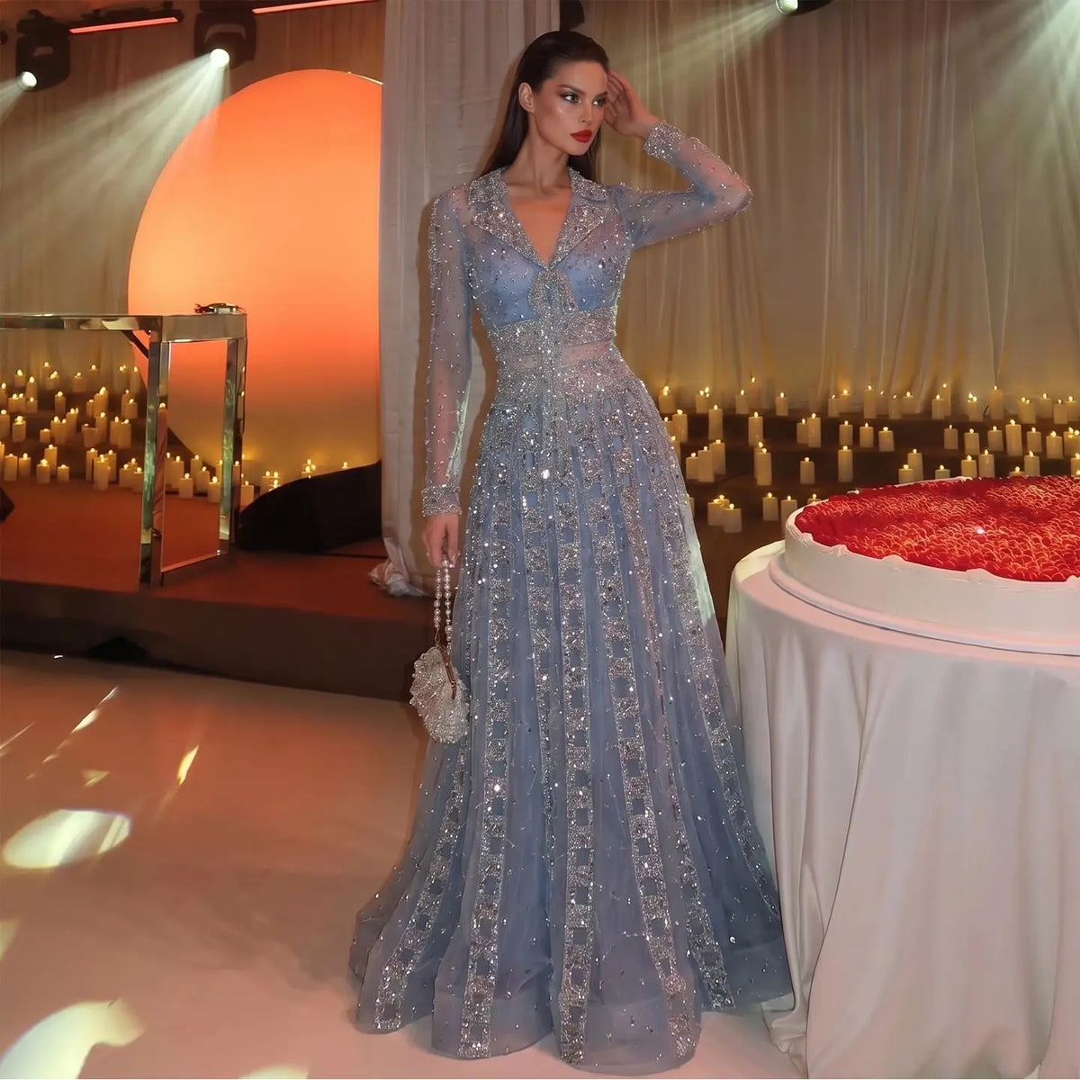 Luxury Blue Long Sleeve Beaded Evening Dress SS419