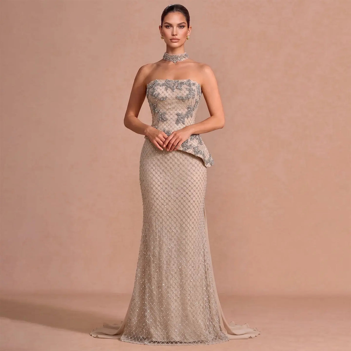 Luxury Champagne Strapless Beaded Evening Dress with Cap SS394