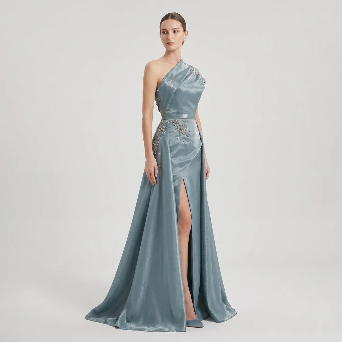 Glamorous Turquoise One-Shoulder Crystal Evening Dress with Overskirt SS600