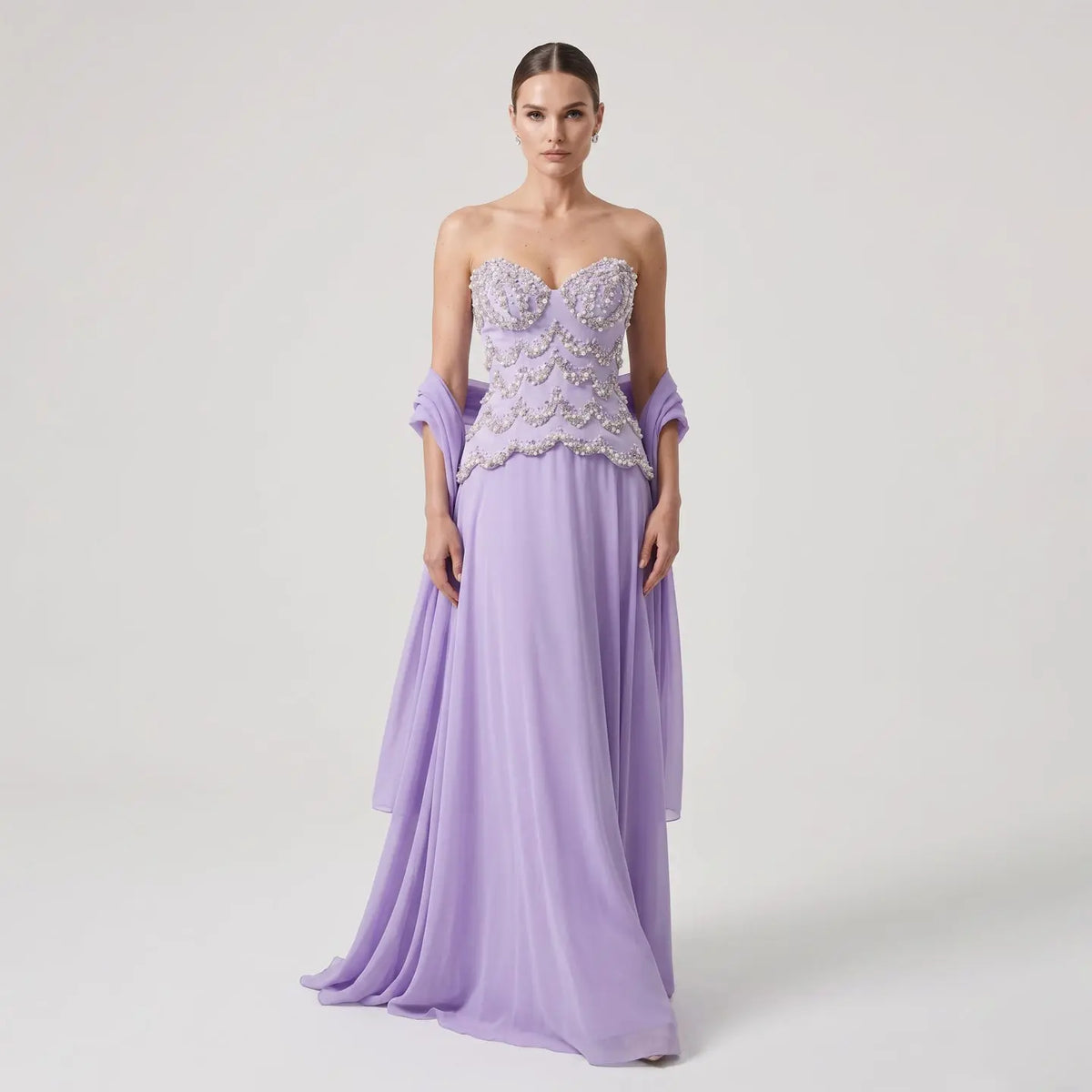 Luxury Purple Beaded Pearl Sweetheart Evening Dress with Scarf SS753