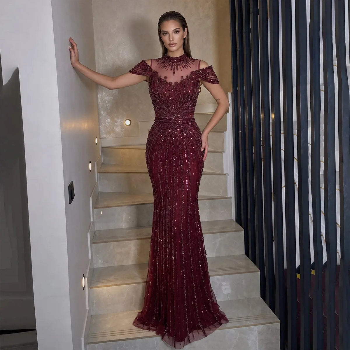 Luxury Off Shoulder Wine Red Beaded Evening Dress SS109