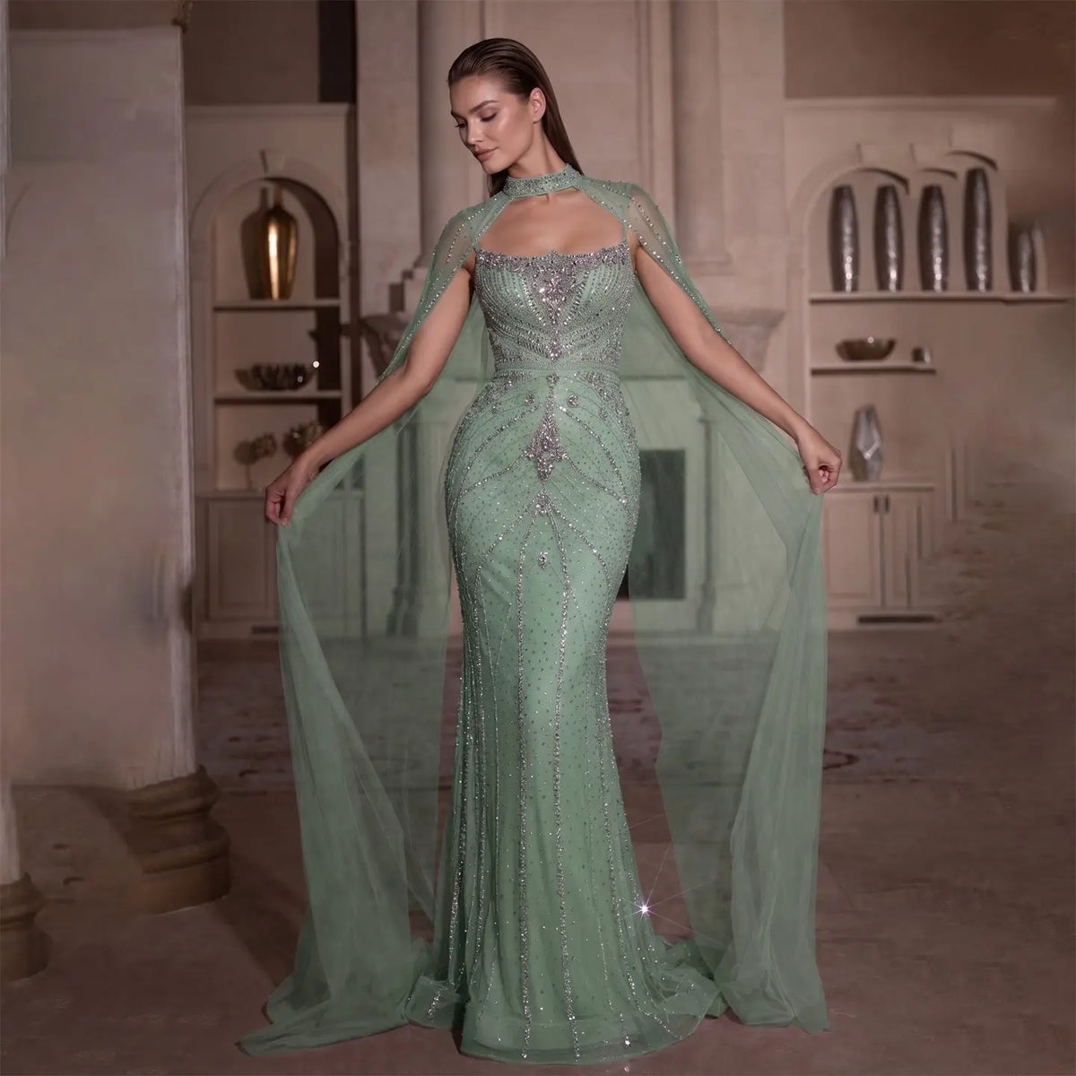 Luxury Champagne Halter Neck Cape Sleeve Beaded Evening Dress SS131