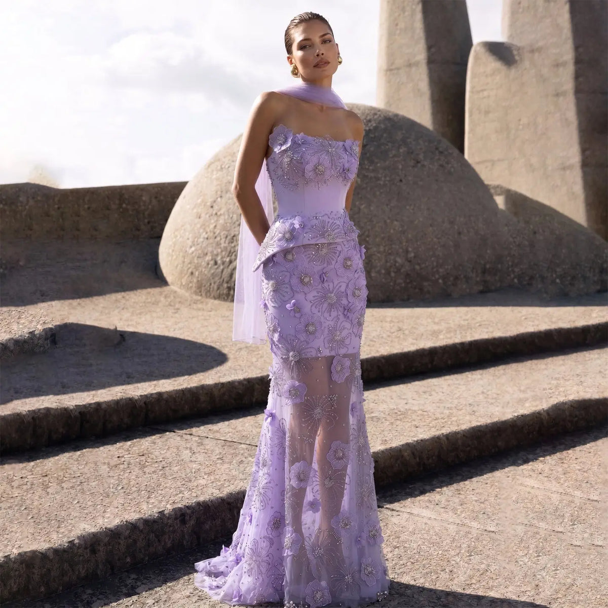 Romantic Lilac 3D Floral Applique Sheer Tulle Mermaid Evening Dress with Scarf SS415