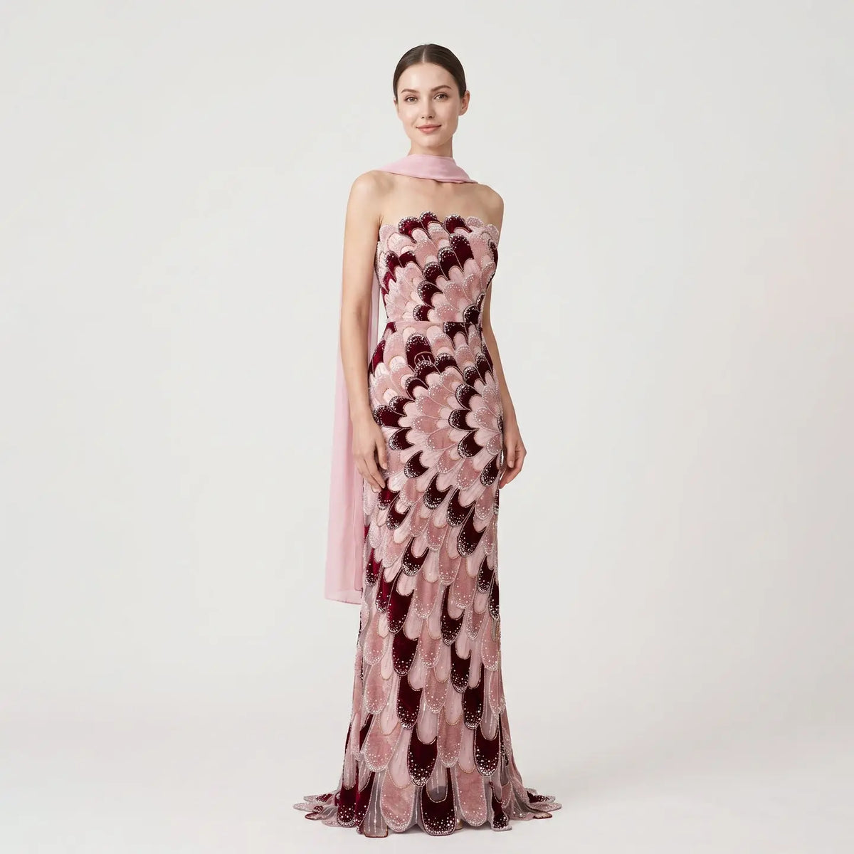 Elegant Pink Velvet Rhinestone Bodycon Train Wedding Guest Evening Dress SS617
