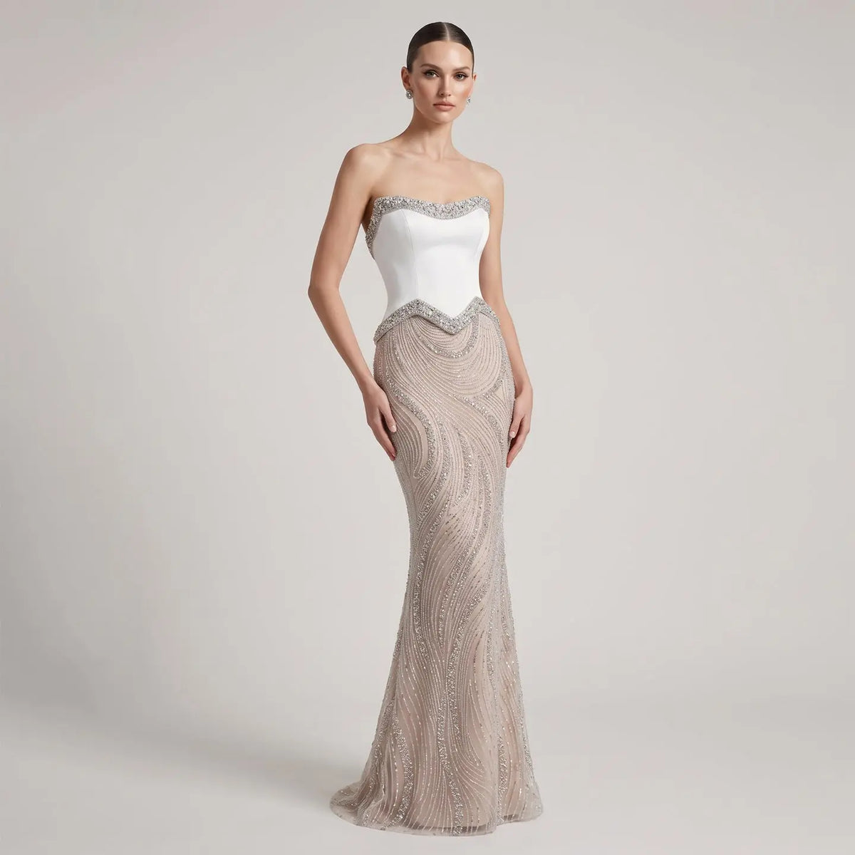 Chic White Crystal Beaded Wave Pattern Mermaid Evening Dress SS790