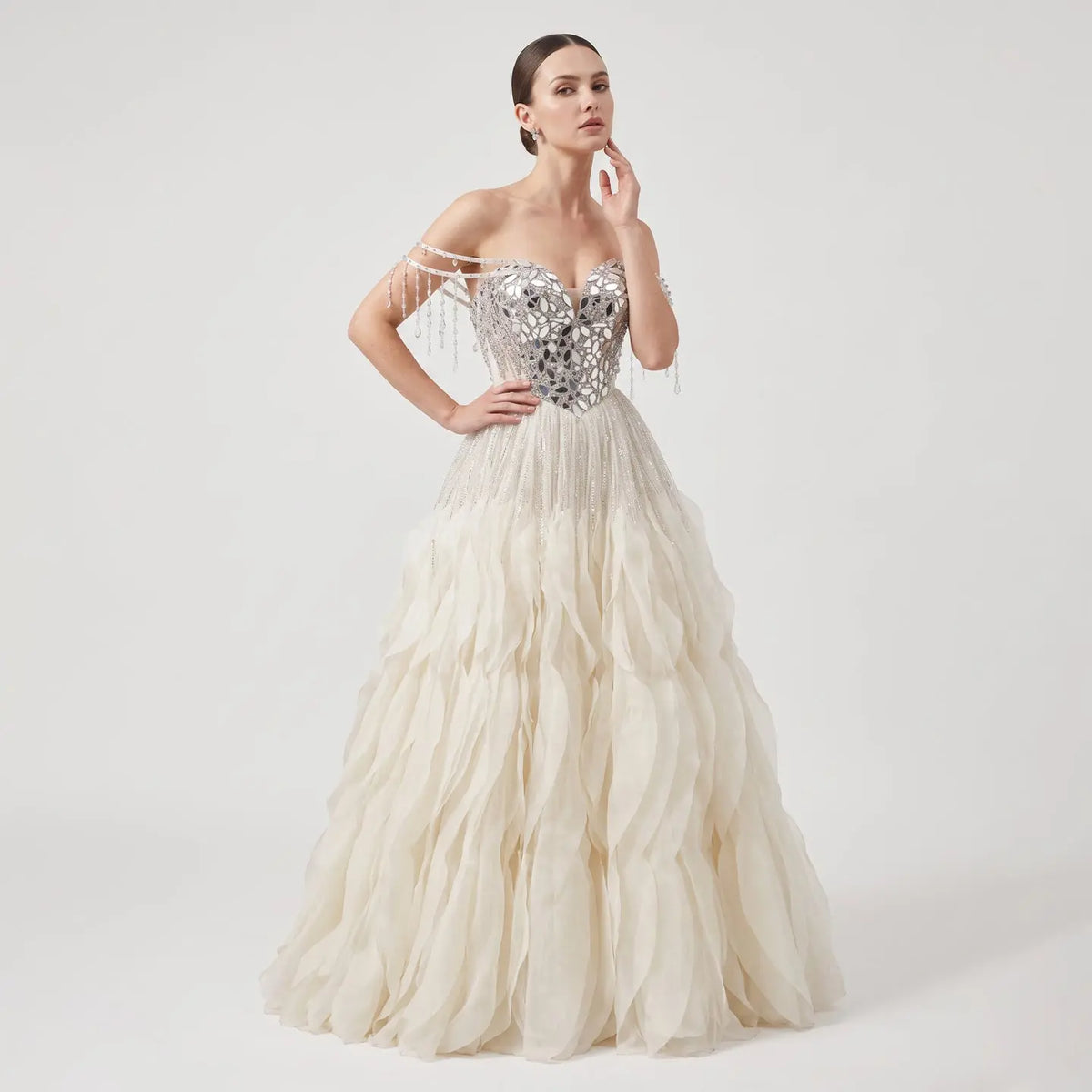Luxury Beige Tassel Strapless Layered Tulle Ball Gown Evening Dress SS734-1
