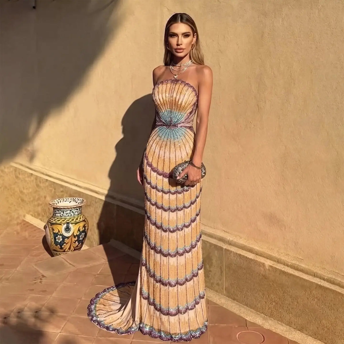 Luxury Mixed Purple Beaded Train Evening Dress with Overskirt SS656