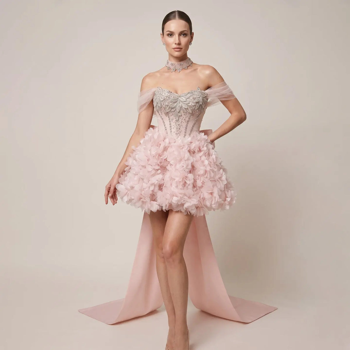 Luxury Pink 3D Floral Train Evening Dress with Overskirt and Bow SS740