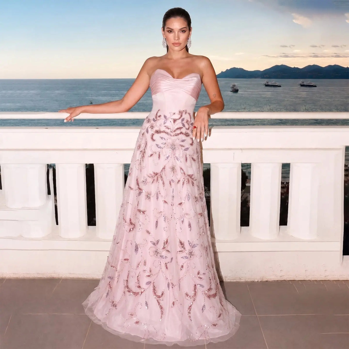 Luxury Pink Embroidered Beaded Strapless Fitted Evening Dress SS529