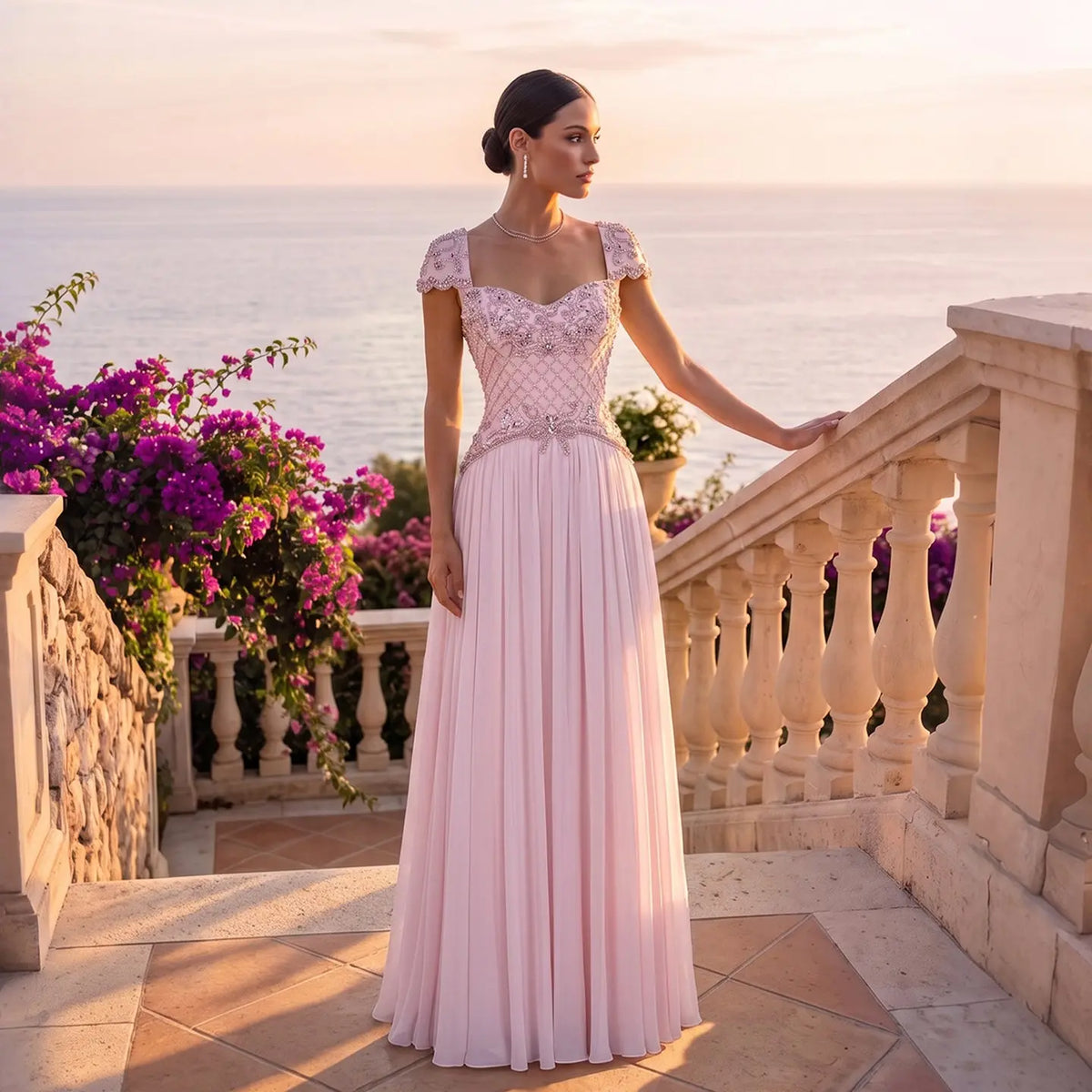 Pink Cap Sleeve Beaded Evening Dress with Pleated Chiffon Skirt SS258