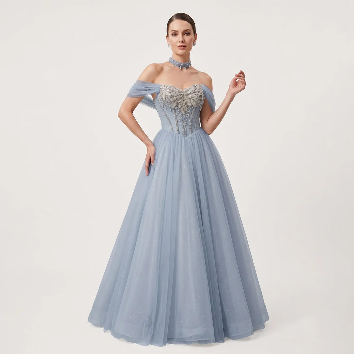 Luxury Blue Beaded Off-the-Shoulder Tulle Evening Dress with Necklace SS736