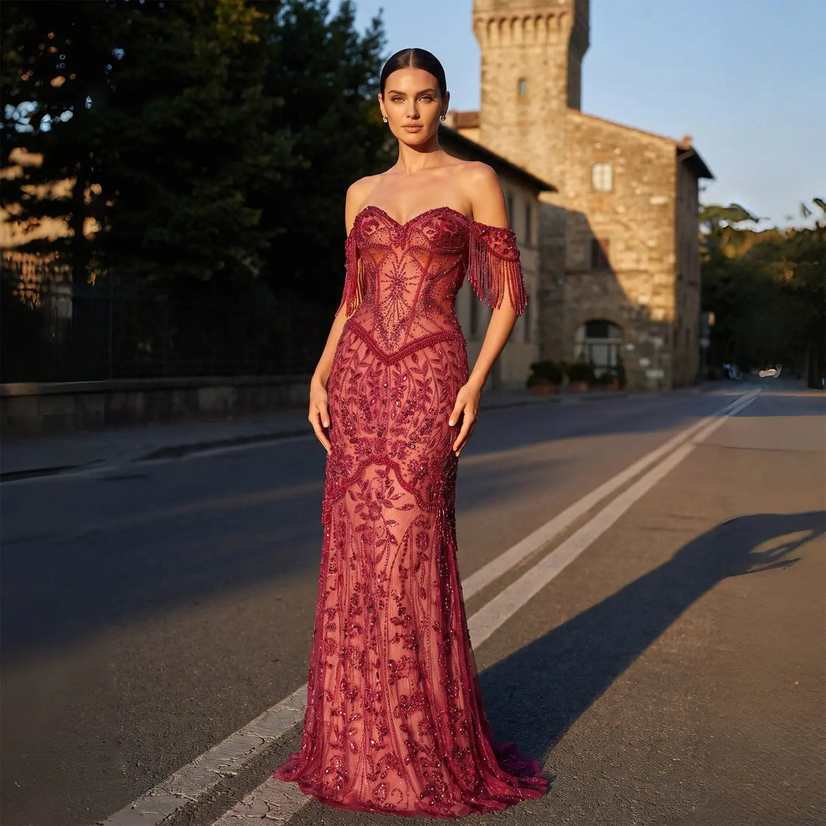 Fuchsia Beading Tassel Off-Shoulder Sleeves Evening Dresses SS516