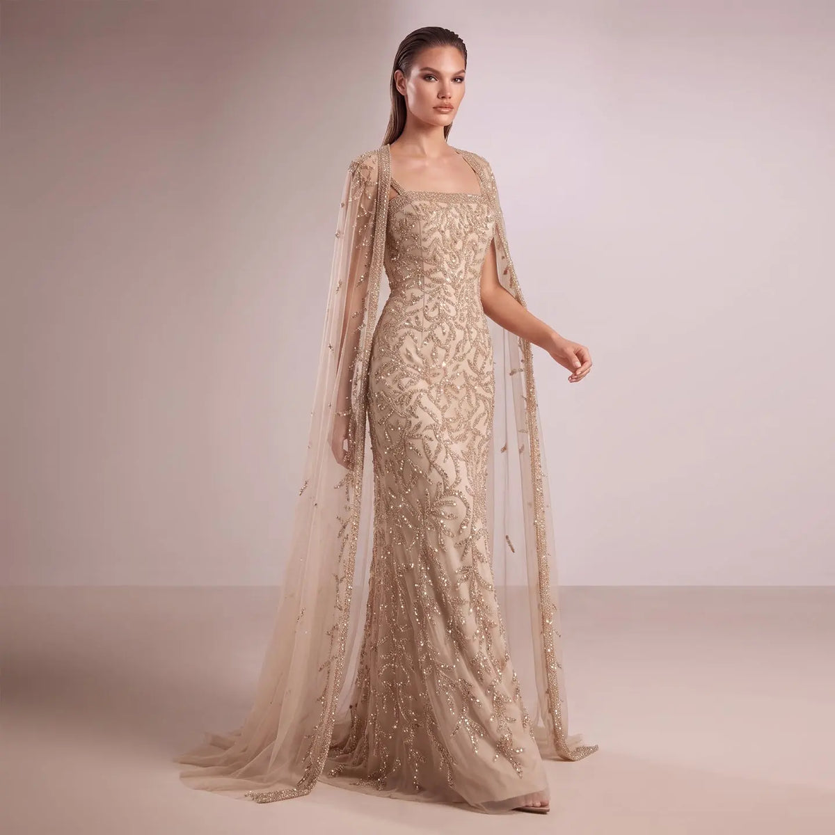 Elegant Champagne Beaded Evening Gown with Sheer Cape SS393