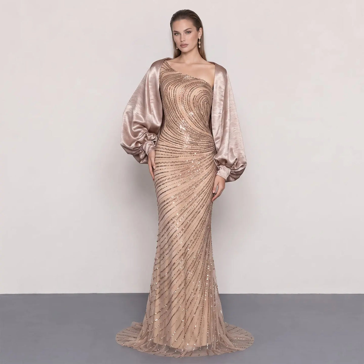 Elegant One-Shoulder Sequined Evening Dresses with cape SS311
