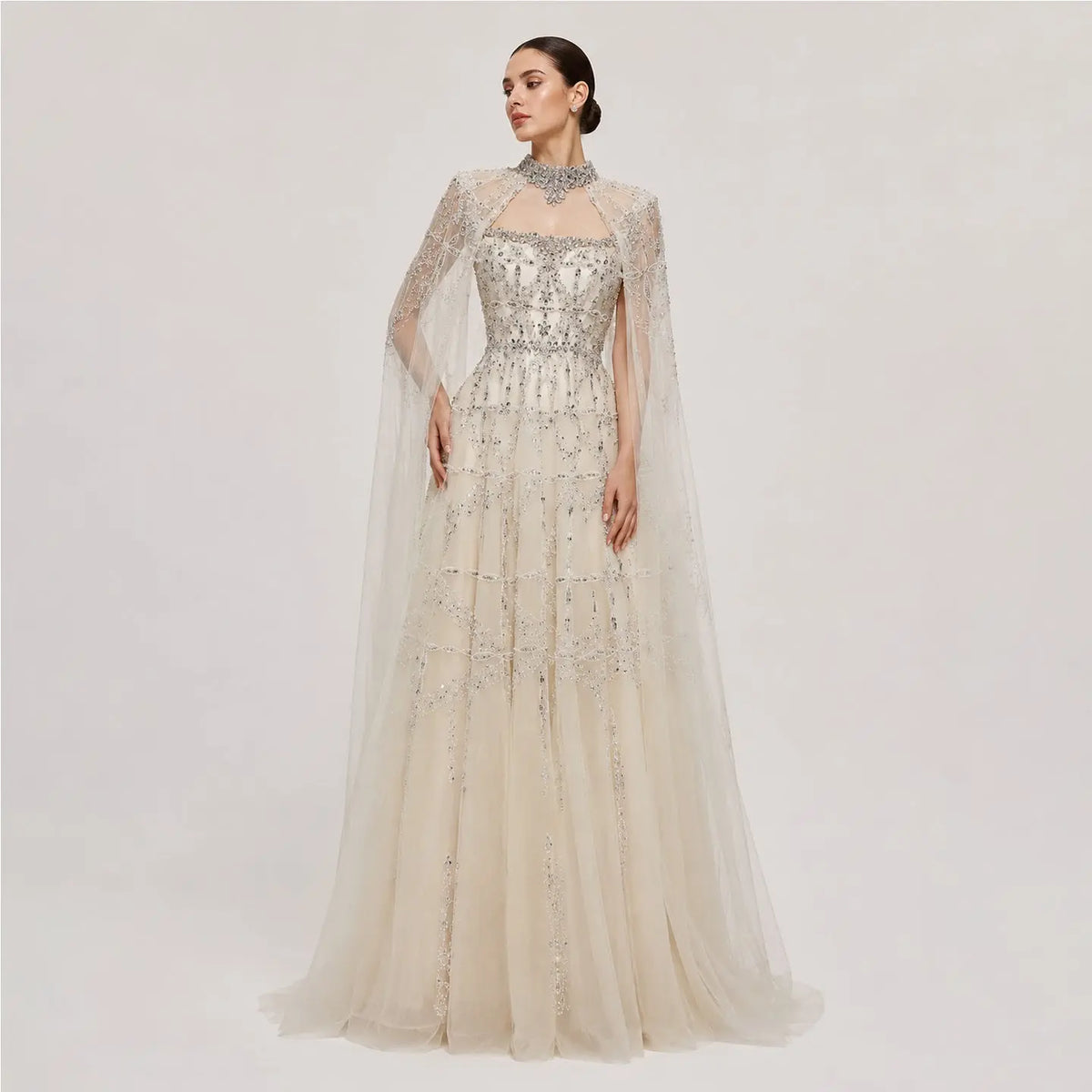 Luxury Cream Heavy Beaded Train Evening Dress with Cape SS486